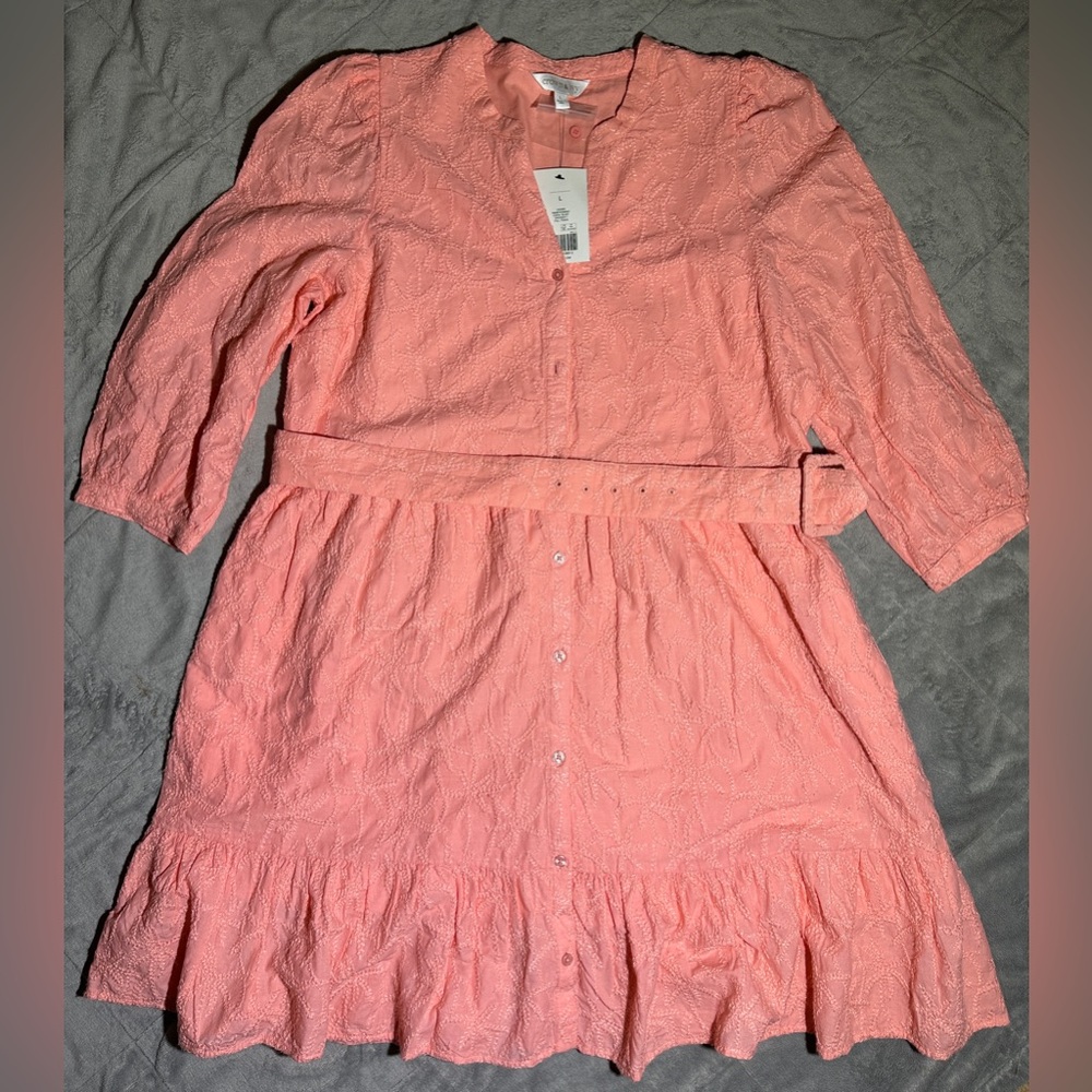 Crown & Ivy women’s 3/4 Sleeve Belted Embroidered Dress Size L Coral Blast NWT